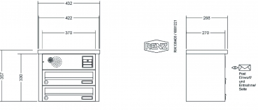 RENZ Briefkastenanlage Aufputz, Tetro, Edelstahl V4A, Kastenformat 370x110x270mm, mit Klingel - & Lichttaster und Vorbereitung Gegensprechanlage, 2-teilig